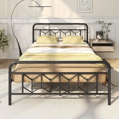 Queen Metal Platform Bed with 41 Inch Patterned Headboard and Snap Lock Slats