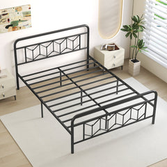 Queen Metal Platform Bed with 41 Inch Patterned Headboard and Snap Lock Slats