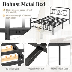 Queen Metal Platform Bed with 41 Inch Patterned Headboard and Snap Lock Slats