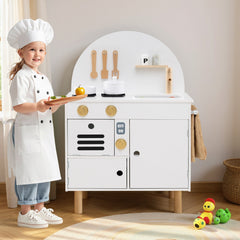 Play Kitchen for Kids Wooden Kitchen Playset with Stoves Faucet Sink Microwave and Oven-White