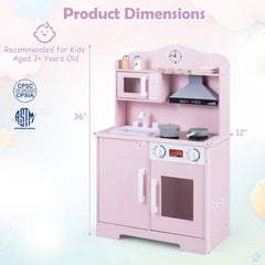 Play Kitchen for Kids Wooden Playset with Range Hood and Microwave-Pink