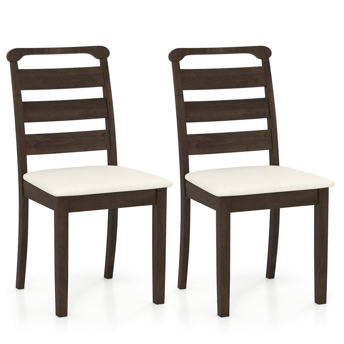 Set of 2 Ladder Back Dining Chairs, Walnut Rubber Wood with Cream Fabric Padded Seat, 400 lb
