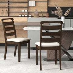 Set of 2 Ladder Back Dining Chairs, Walnut Rubber Wood with Cream Fabric Padded Seat, 400 lb