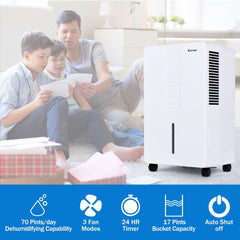 70 Pint Portable Dehumidifier, 17 Pint Bucket, Basement and Bedroom Presets, 3 Fan Speeds, White