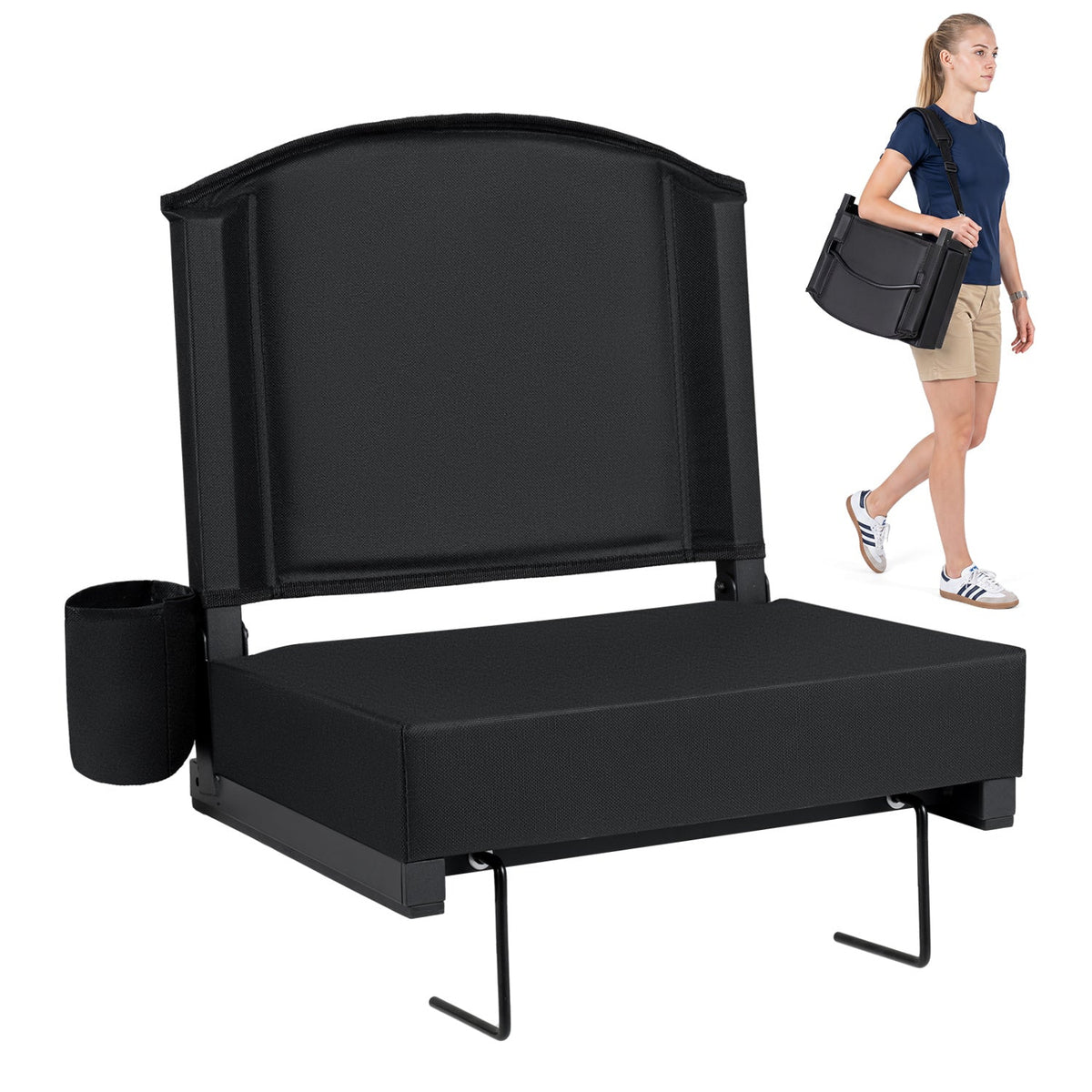 Portable Folding Bleacher Chair with Thick Padded Cushion, Removable Shoulder Strap-Black