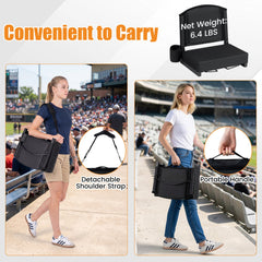 Portable Folding Bleacher Chair with Thick Padded Cushion, Removable Shoulder Strap-Black
