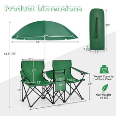 Portable Folding Picnic Double Chair With Removable Umbrella-Green