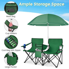 Portable Folding Picnic Double Chair With Removable Umbrella-Green