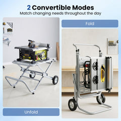 Portable Table Saw Stand Rolling Foldable Heavy Duty Metal Base with 8-Inch Rubber Wheels-Silver