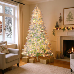 7 FT Pre-Lit Snow Flocked Christmas Tree, 855 Tips, 350 Warm White LEDs and Red Berries
