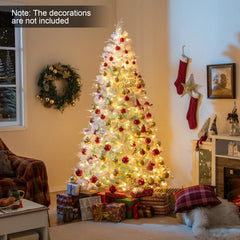 7 FT Pre-Lit Snow Flocked Christmas Tree, 855 Tips, 350 Warm White LEDs and Red Berries