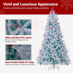 7 FT Pre-Lit Snow Flocked Christmas Tree, 855 Tips, 350 Warm White LEDs and Red Berries