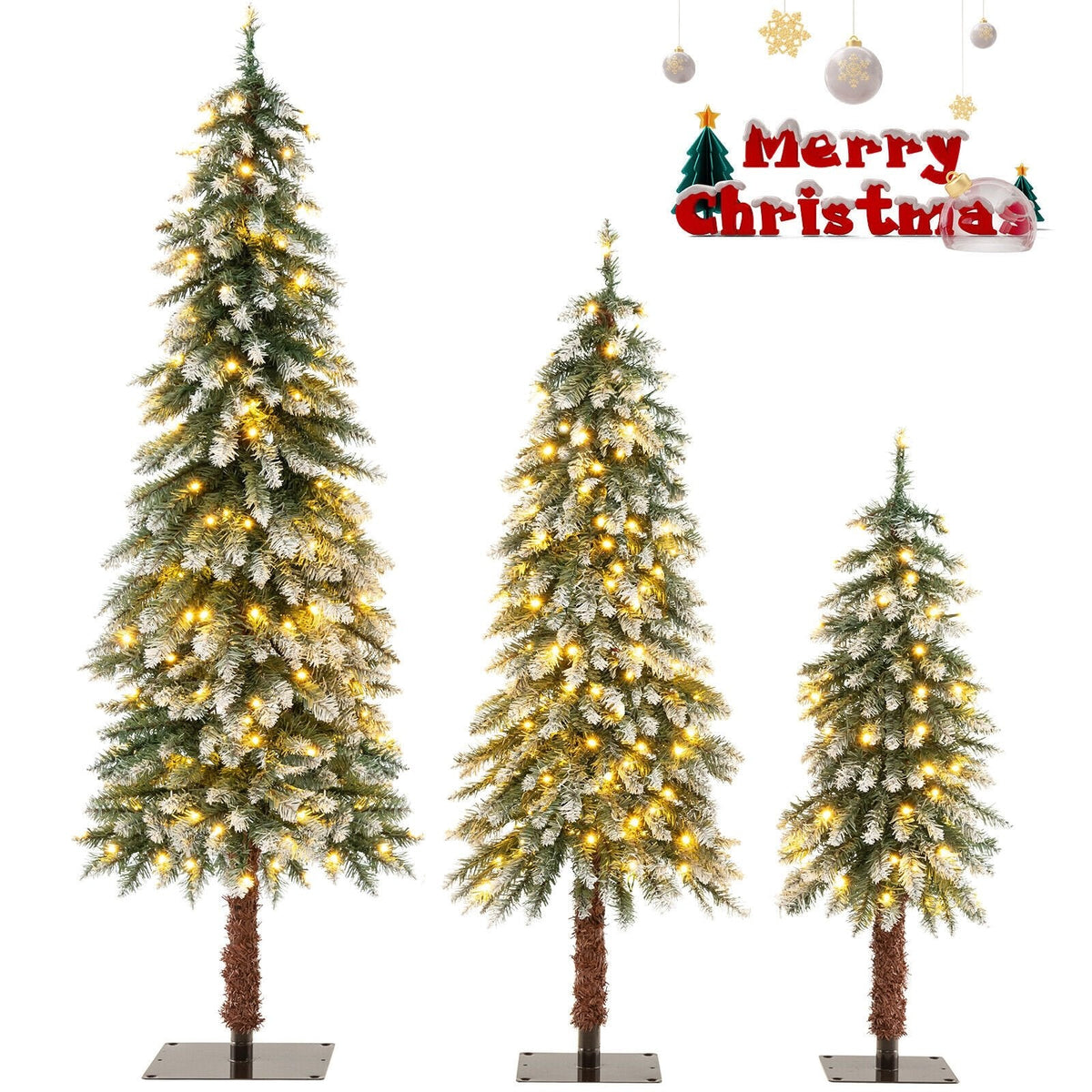 Pre-Lit Snowy Slim Christmas Trees Set of 3, 3 FT 4 FT and 5 FT with 300 Warm White LEDs