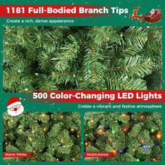 7 FT Pre-Lit Christmas Tree, 1181 Branch Tips and 500 Colour Changing LEDs with Remote