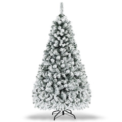 7.5 FT Pre-Lit Snow Flocked Christmas Tree, 1010 Hinged Tips and 450 Warm White LEDs