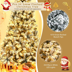 7.5 FT Pre-Lit Snow Flocked Christmas Tree, 1010 Hinged Tips and 450 Warm White LEDs
