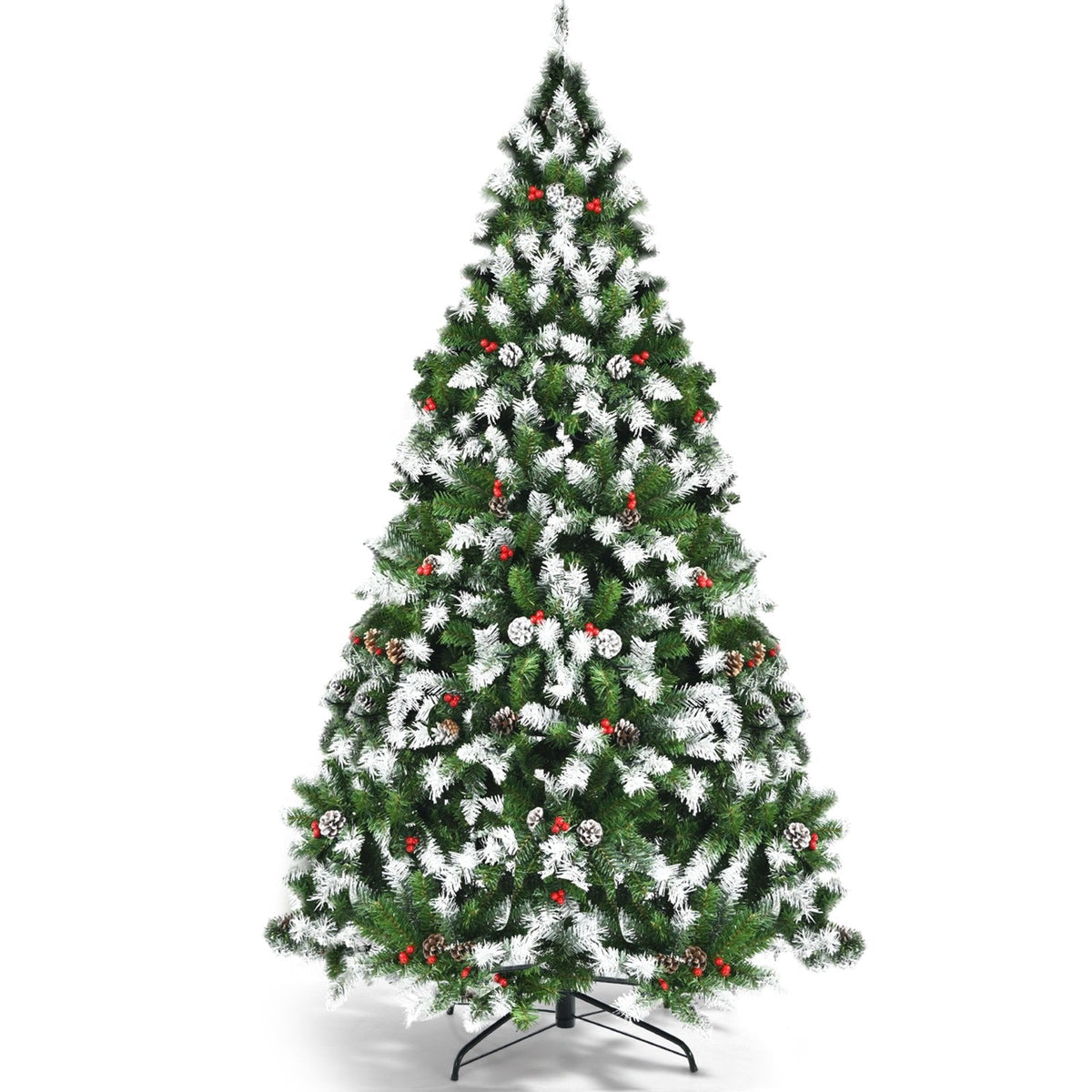 6 FT Pre-Lit Snow Tipped Christmas Tree, 818 Tips with Pine Cones and Red Berries