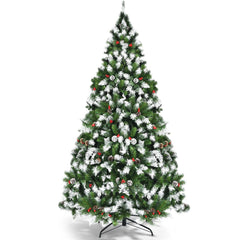 6 FT Pre-Lit Snow Tipped Christmas Tree, 818 Tips with Pine Cones and Red Berries