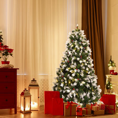 6 FT Pre-Lit Snow Tipped Christmas Tree, 818 Tips with Pine Cones and Red Berries