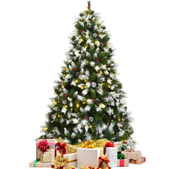 6 FT Pre-Lit Snow Tipped Christmas Tree, 818 Tips with Pine Cones and Red Berries