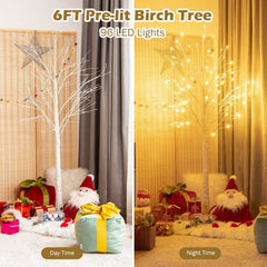 6 FT Pre-Lit White Birch Twig Tree with 96 Warm White LEDs, Bendable Branches