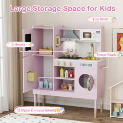 Pretend Play Kitchen Toy Kitchen Playset with Range Hood Ice Maker and Telephone-Light Pink
