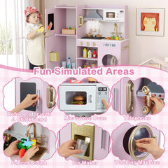 Pretend Play Kitchen Toy Kitchen Playset with Range Hood Ice Maker and Telephone-Light Pink