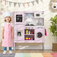 Pretend Play Kitchen Toy Kitchen Playset with Range Hood Ice Maker and Telephone-Pink
