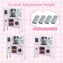 Pretend Play Kitchen Toy Kitchen Playset with Range Hood Ice Maker and Telephone-Pink