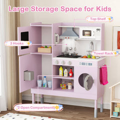 Pretend Play Kitchen Toy Kitchen Playset with Range Hood Ice Maker and Telephone-Pink