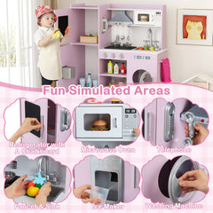 Pretend Play Kitchen Toy Kitchen Playset with Range Hood Ice Maker and Telephone-Pink