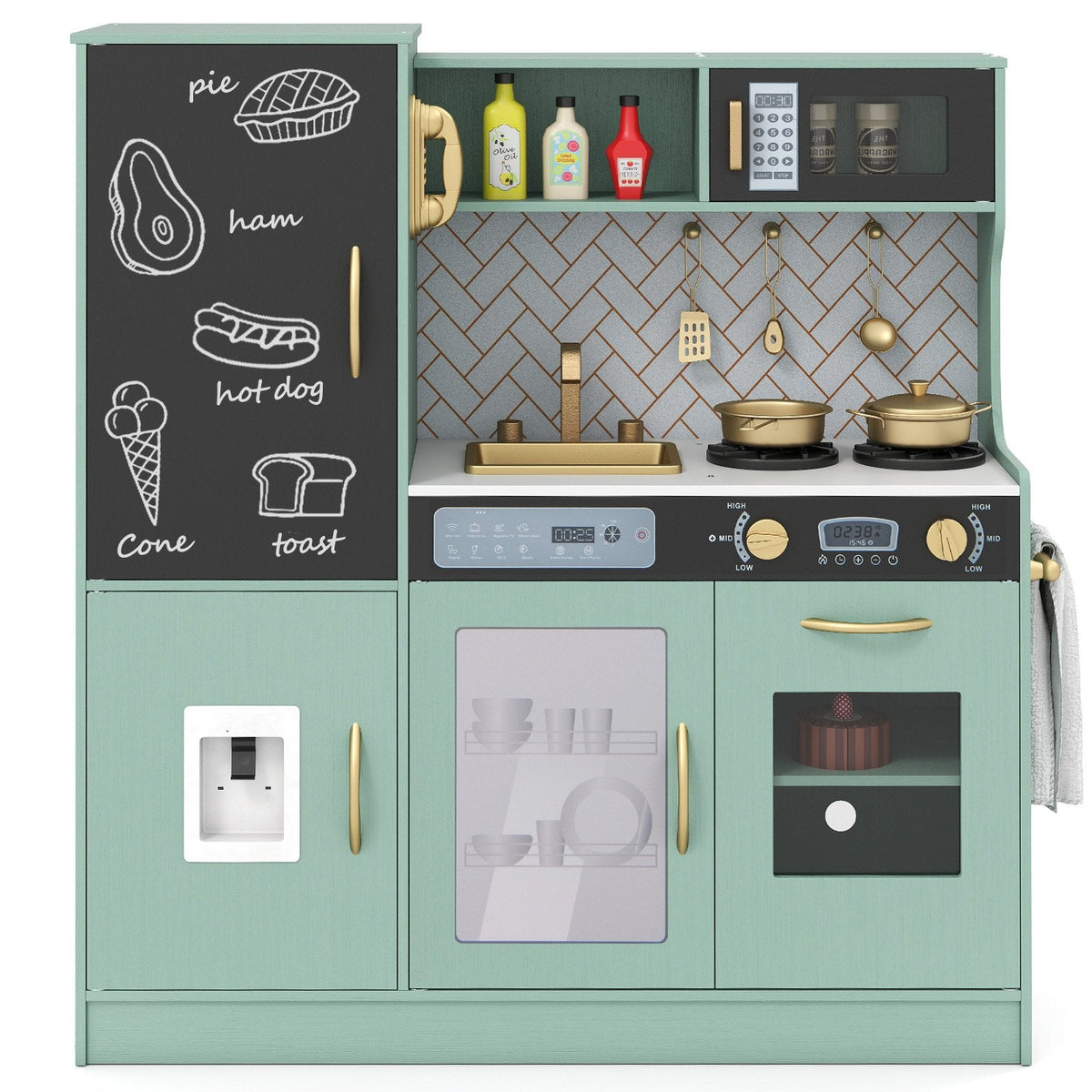 Pretend Play Kitchen with Utensils for Kids Aged 3+-Green