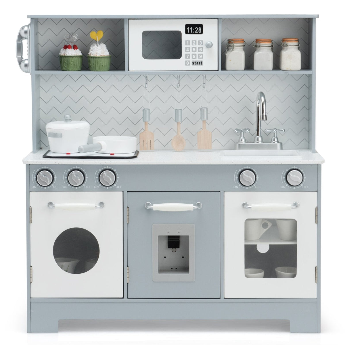 Grey Wooden Play Kitchen with Working Water Dispenser, Light Up Stove and Cookware