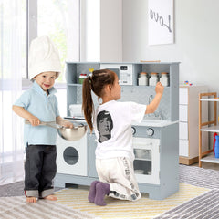 Grey Wooden Play Kitchen with Working Water Dispenser, Light Up Stove and Cookware