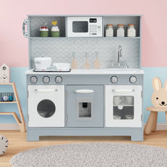 Grey Wooden Play Kitchen with Working Water Dispenser, Light Up Stove and Cookware