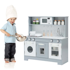 Grey Wooden Play Kitchen with Working Water Dispenser, Light Up Stove and Cookware