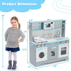 Grey Wooden Play Kitchen with Working Water Dispenser, Light Up Stove and Cookware