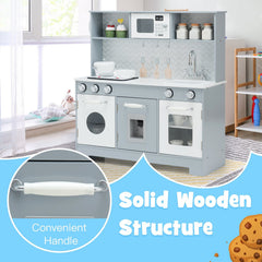 Grey Wooden Play Kitchen with Working Water Dispenser, Light Up Stove and Cookware