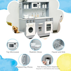 Grey Wooden Play Kitchen with Working Water Dispenser, Light Up Stove and Cookware