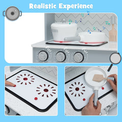 Grey Wooden Play Kitchen with Working Water Dispenser, Light Up Stove and Cookware