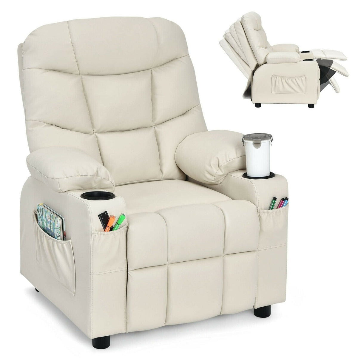 Kids Recliner Chair with Cup Holders and Footrest, Beige