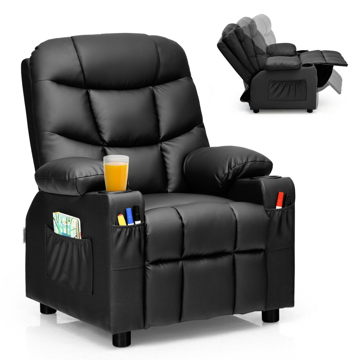 Kids Recliner with Cup Holders and Side Pockets, Black PU Leather