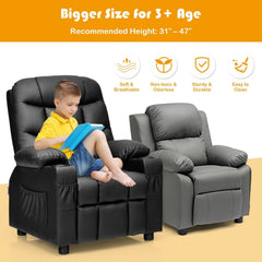Kids Recliner with Cup Holders and Side Pockets, Black PU Leather