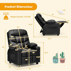 Kids Recliner with Cup Holders and Side Pockets, Black PU Leather