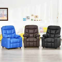 Kids Recliner with Cup Holders and Side Pockets, Black PU Leather