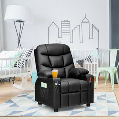 Kids Recliner with Cup Holders and Side Pockets, Black PU Leather