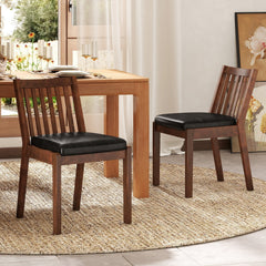 Set of 2 Slat Back Dining Chairs, Espresso Brown Rubber Wood with Black PU Leather Seat, 400 lb