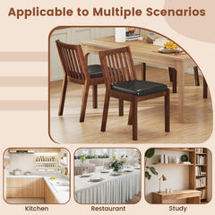 Set of 2 Slat Back Dining Chairs, Espresso Brown Rubber Wood with Black PU Leather Seat, 400 lb