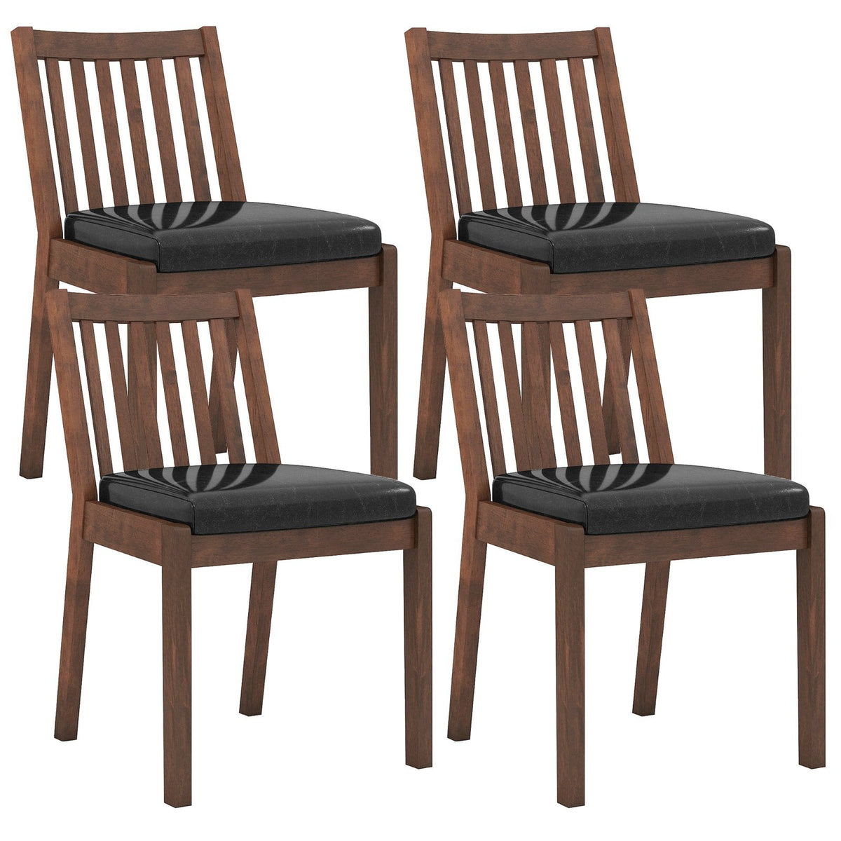 Set of 4 Slat Back Dining Chairs, Espresso Brown Rubber Wood with Black PU Leather Seats, 400 lb