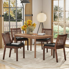 Set of 4 Slat Back Dining Chairs, Espresso Brown Rubber Wood with Black PU Leather Seats, 400 lb